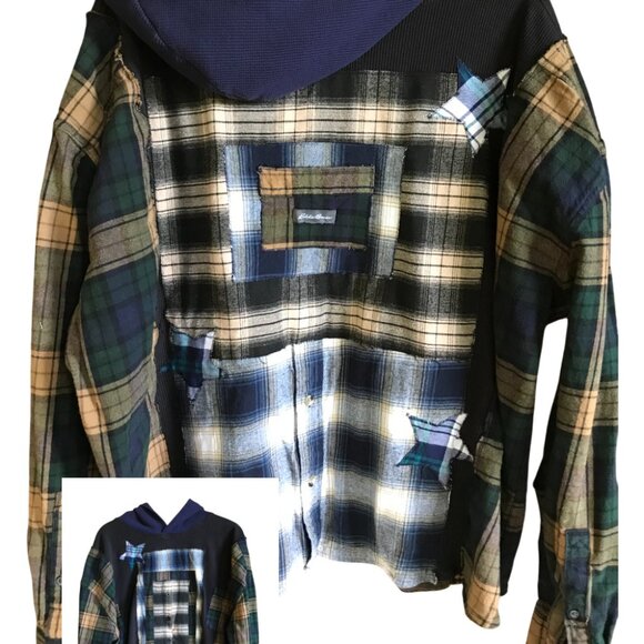 Upcycled Waffle Knit Hoodie: Plus Size XL-2X, Plaid Patches & Appliquéd Stars - Picture 12 of 13